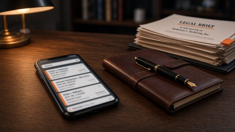 Smartphone showing new client enquiries beside a leather notebook, fountain pen and a stack of legal briefs on a lawyer's desk