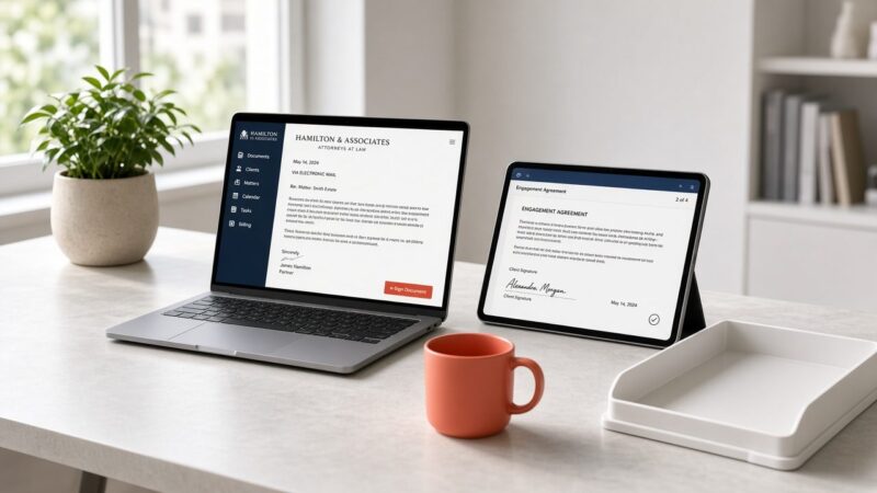 Laptop and tablet showing digital legal documents and an e-signature on a tidy white desk in a paperless law office