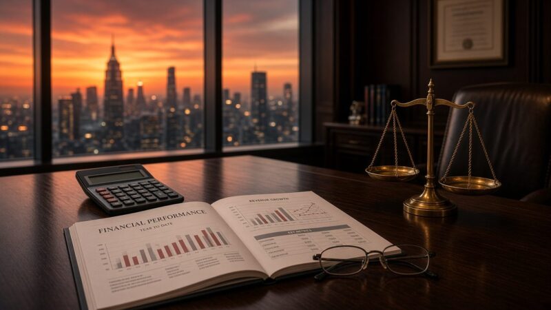 Financial performance report, calculator and scales of justice on a lawyer's desk overlooking a city skyline at sunset